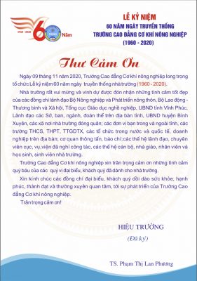 Thư cảm ơn sau Lễ kỷ niệm 60 năm ngày truyền thống nhà trường (1960 - 2020)